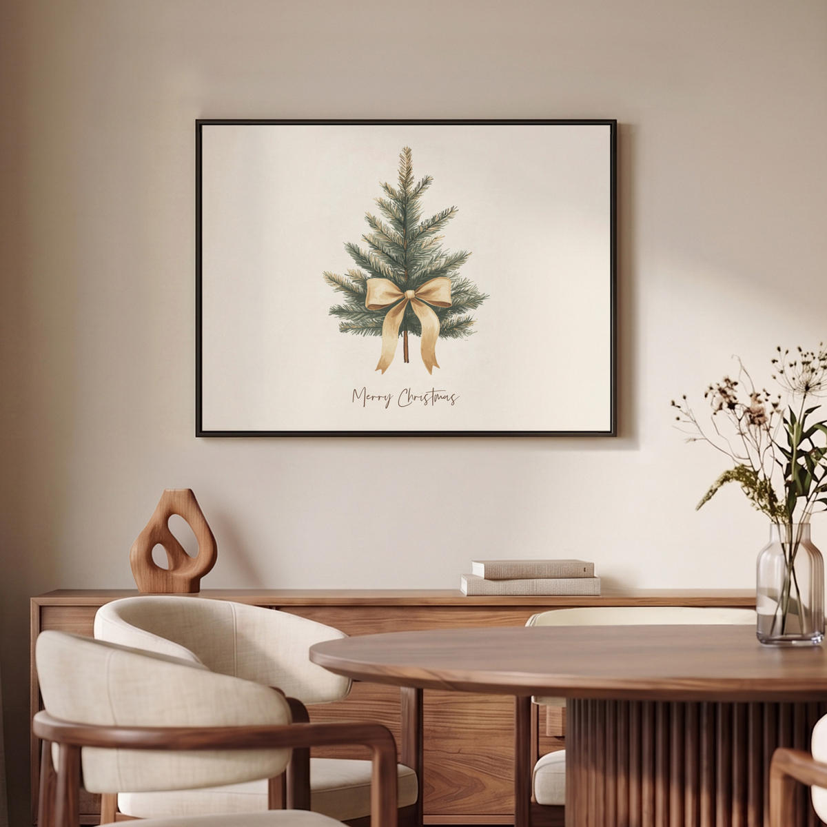 LEINWAND Bilder mit Rahmen - Weihnachtsbaum - Weihnachten - Frohe Weihnachten - Beige - 80x60 - Sandfarben, Textil (80/60cm) - MuchoWow