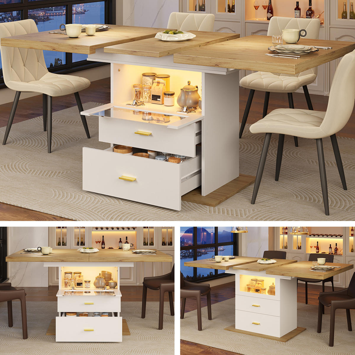 ESSTISCH mit ausziehbarer Tischplatte 110/140 cm, Glastürfach, 2 Schubladen & Stauraum Weiß 1 Set MDF - Weiß, Holzwerkstoff (80/110/75cm) - EVRYAE