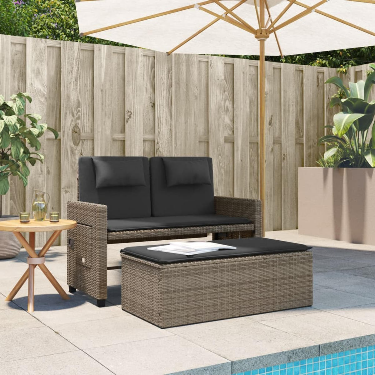 GARTENBANK Verstellbar mit Kissen Grau Poly Rattan - Grau, Kunststoff (122/83/58cm) - furnicato