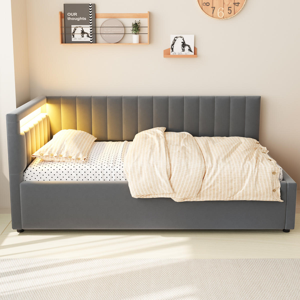 POLSTERBETT 90/200 cm grau aus Samtstoff mit LED und Stauraum - Grau, Textil (90/200cm) - OKWISH