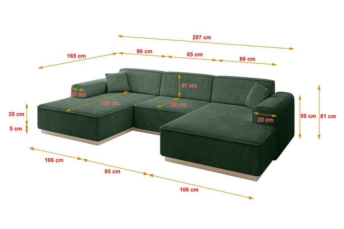 WOHNLANDSCHAFT IREA-U1 - 297x165x81 cm Grün - Grün, Holzwerkstoff/Textil (297/81/165cm) - ALTDECOR