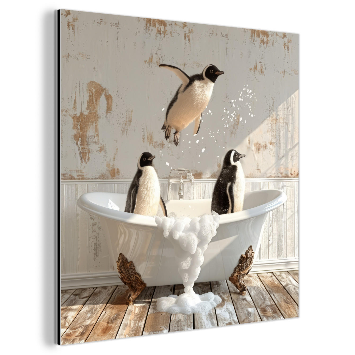 METALLBILD Vintage - Pinguin - Badewanne - Schaumstoff 20x20 cm - Schwarz, Metall (20/20cm) - MuchoWow