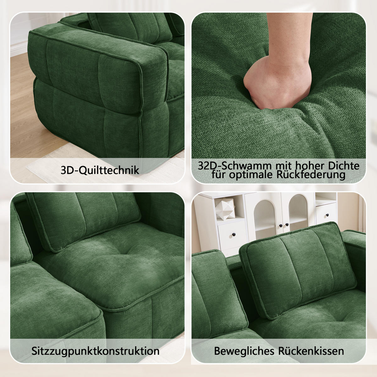 2-SITZER-SOFA DE-34428 modular mit 2 Hockern Grün - Grün, Textil (162/67/198cm) - ComfortXL