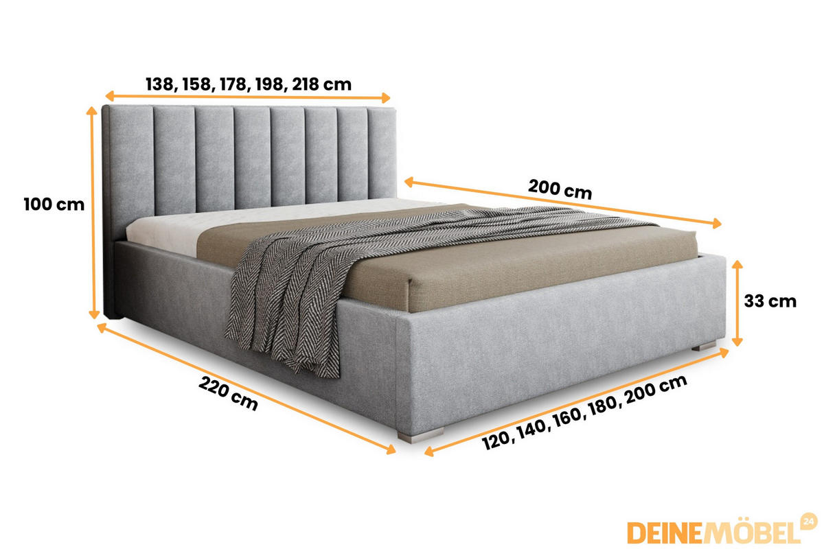 POLSTERBETT GORDON 180/200 in Velours Hellgrau - Hellgrau, Holz/Holzwerkstoff (180/200cm) - Deine Möbel 24