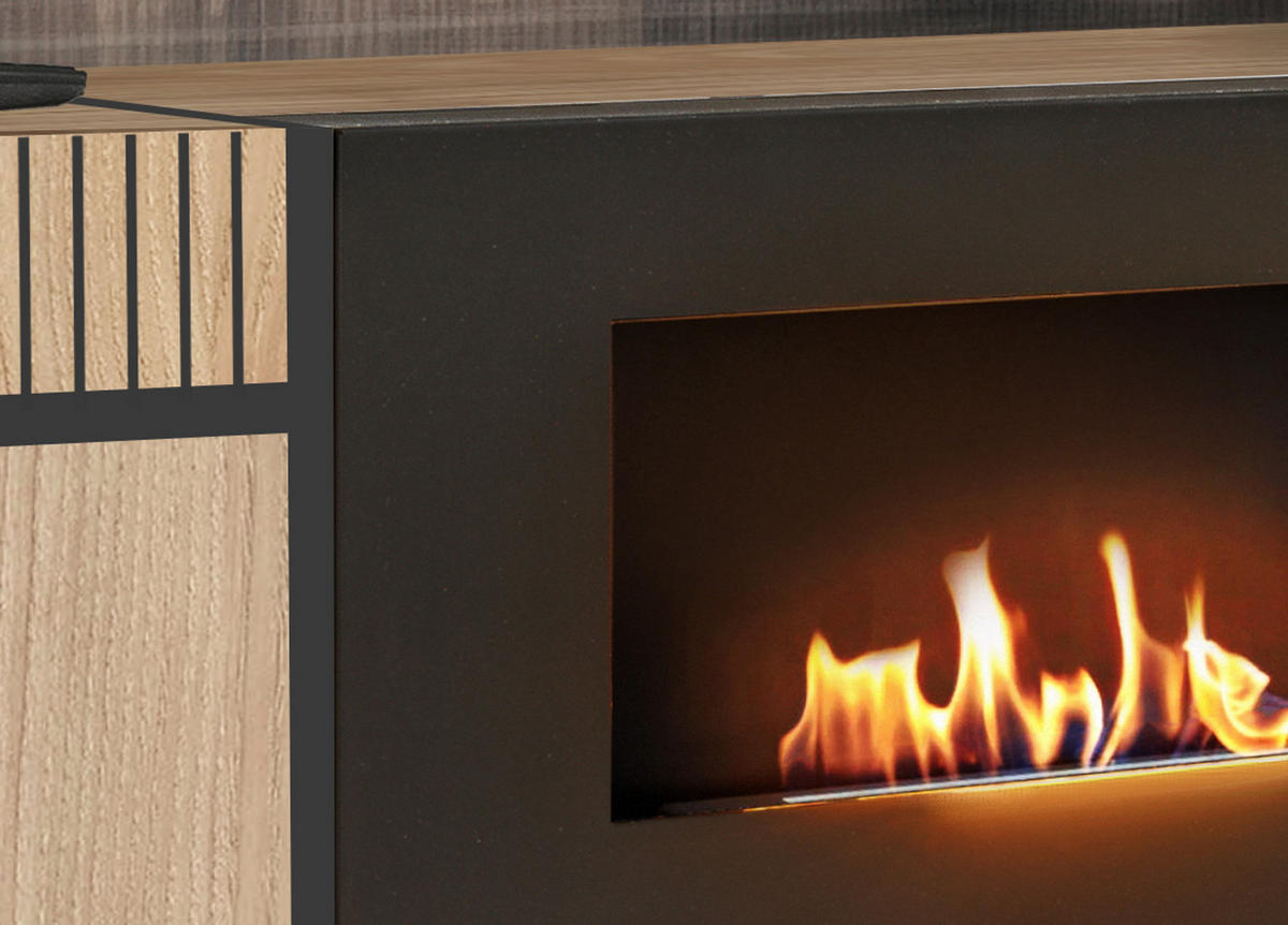 WOHNWAND Eiche Hickory, schwarz 340 cm, Schrankwand mit Kamin, inkl. LED-Beleuchtung - Eichefarben/Schwarz, Glas/Holzwerkstoff (340/197/50cm) - Inn.Furn