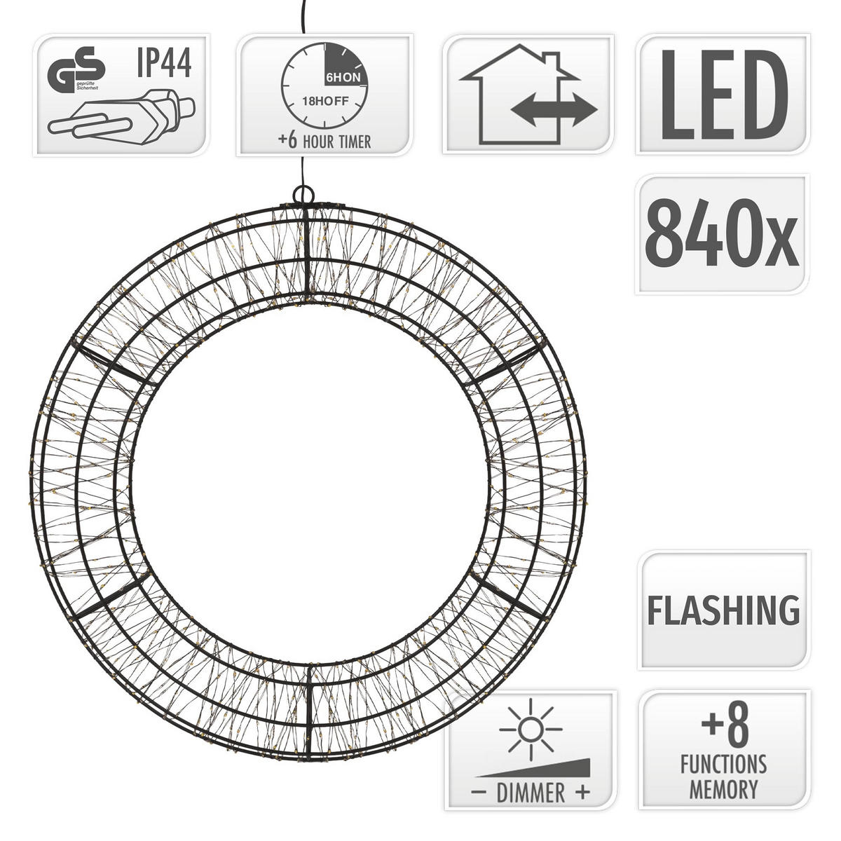 LED VÁNOČNÍ VĚNEC Ø58 cm vánoční dekorace s řetězem světel teplá bílá světelný věnec pro venkovní použití - černá, kov (58/58/6.5cm) - ECD-Germany