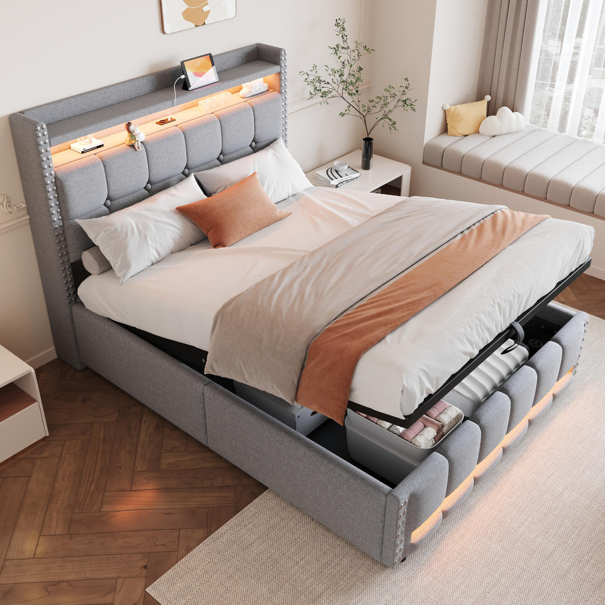 POLSTERBETT 140x200 cm LED USB Stauraum hellgrau - Hellgrau, Textil (140/200cm) - LEBENLANG
