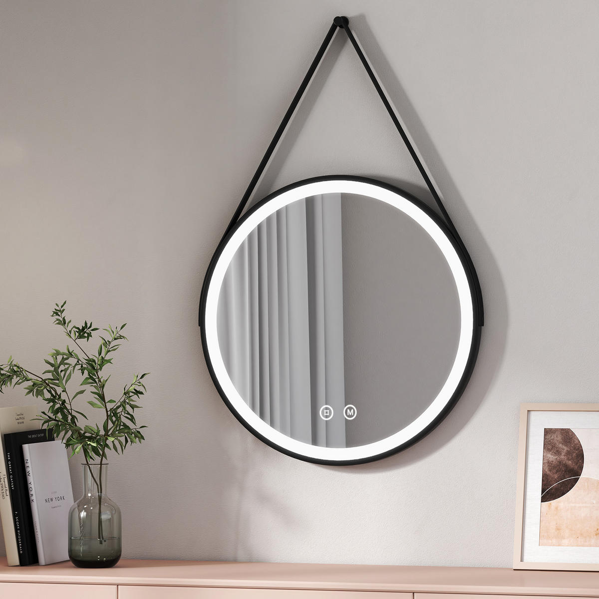 BADSPIEGEL Rund mit Touch-Schalter Beleuchtung mit Hängeriemen Schwarz ф60 cm - Schwarz, Glas (60/3/60cm) - EMKE