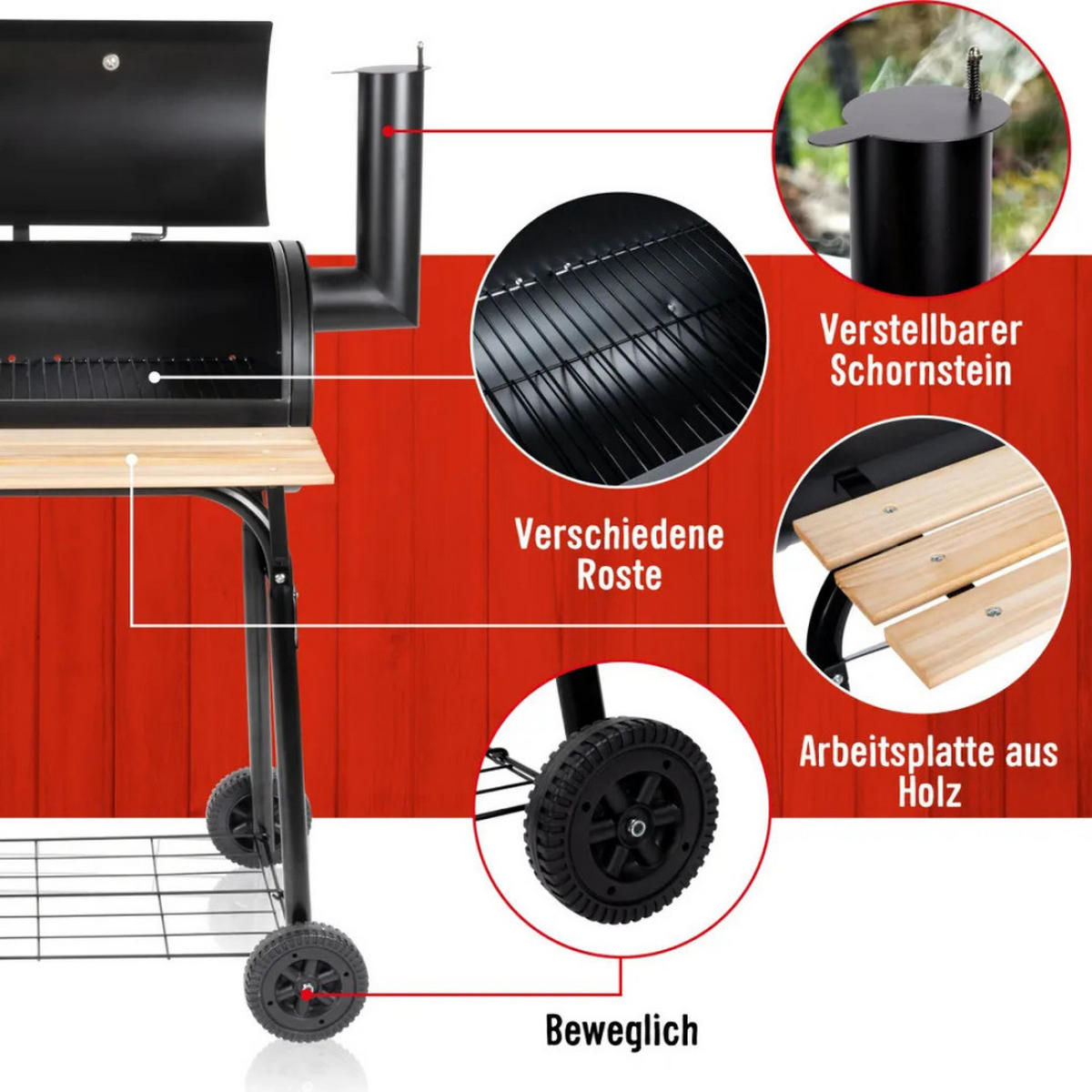 SMOKER Holzkohlegrill 2-in-1 Schwarz, 104x58x114 cm, Grillwagen, BBQ Grill, Räder, Ablagefläche, Grillstation, Outdoor Grill, Barbecue Smoker - Schwarz, Metall (104/114.5/58cm) - BBQ Collection