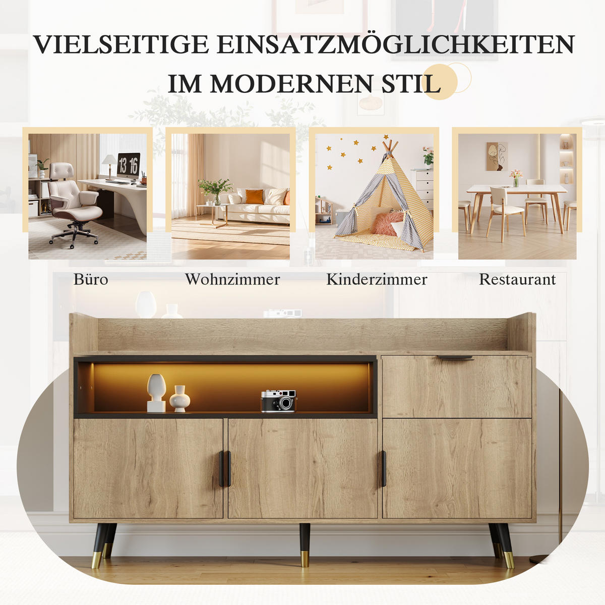 SIDEBOARD in Naturfarbe Anrichte mit Schubladen für Wohnzimmer, Esszimmer und Büro, B160/T35/H82 cm - Schwarz/Naturfarben, Holzwerkstoff/Metall (160/82/35cm) - STILVORA