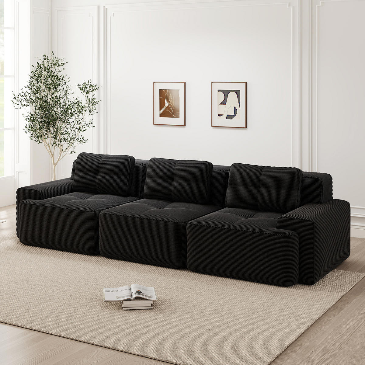 3-SITZER Sofa mit 74 cm Tiefsitz, boneless Design, cordbezogen und montagefrei, Schwarz - Schwarz, Textil (293/69/104cm) - Redom