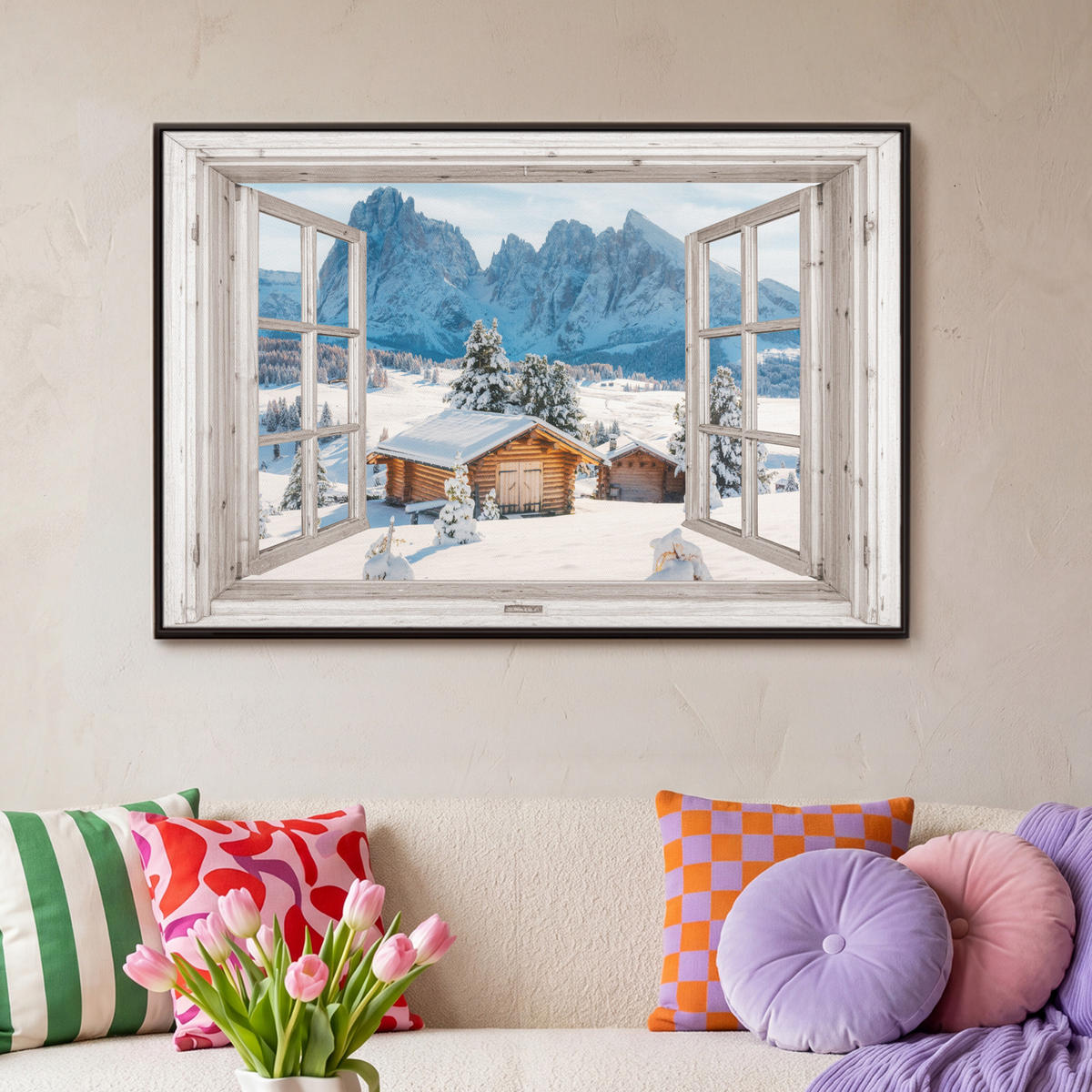 LEINWAND Bilder mit Rahmen - Winterlandschaft - Hütte - Berge - Ausblicke - Aussicht - Natur - 90x60 - Weiß Hochglanz, Textil (90/60cm) - MuchoWow