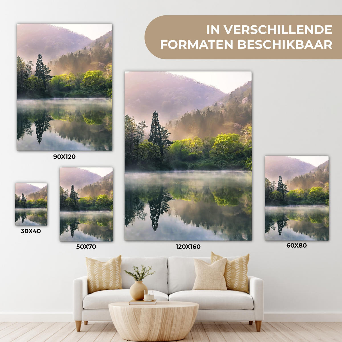 LEINWANDBILD Natur - Bäume - Berge - See - Wasser 60x80 cm - Hellgrün, Textil (60/80cm) - MuchoWow