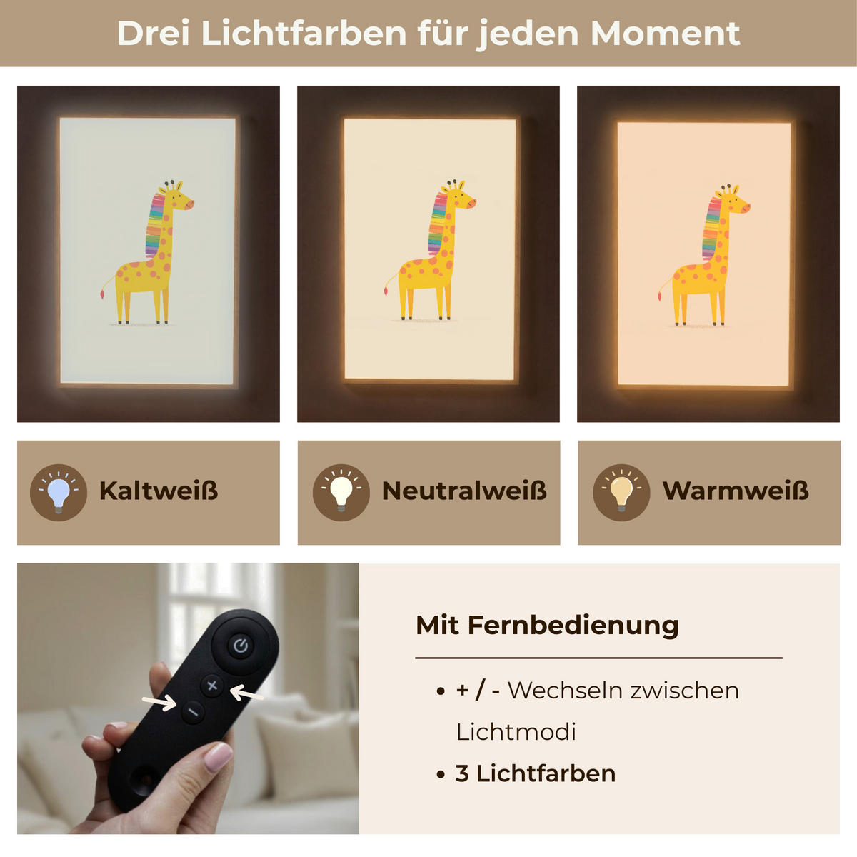 NACHTTISCHLAMPE MIT AKKU Giraffe - Regenbogenmähne - Beige 60x90 cm - Beige, Holzwerkstoff (8/60/90cm) - OnlyWow