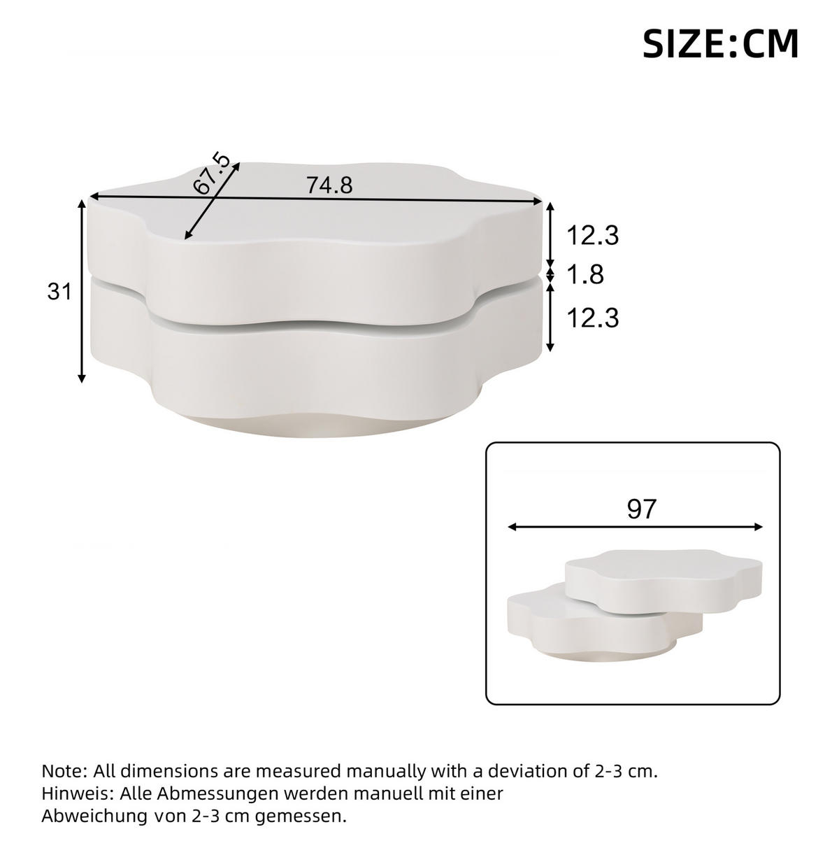 KLUBSKA miza iz MDF, 74,8/67,5/31 cm kremno bela, vrtljiva zgornja plošča - bela, leseni material (74.8/67.5/31cm) - BEAOK