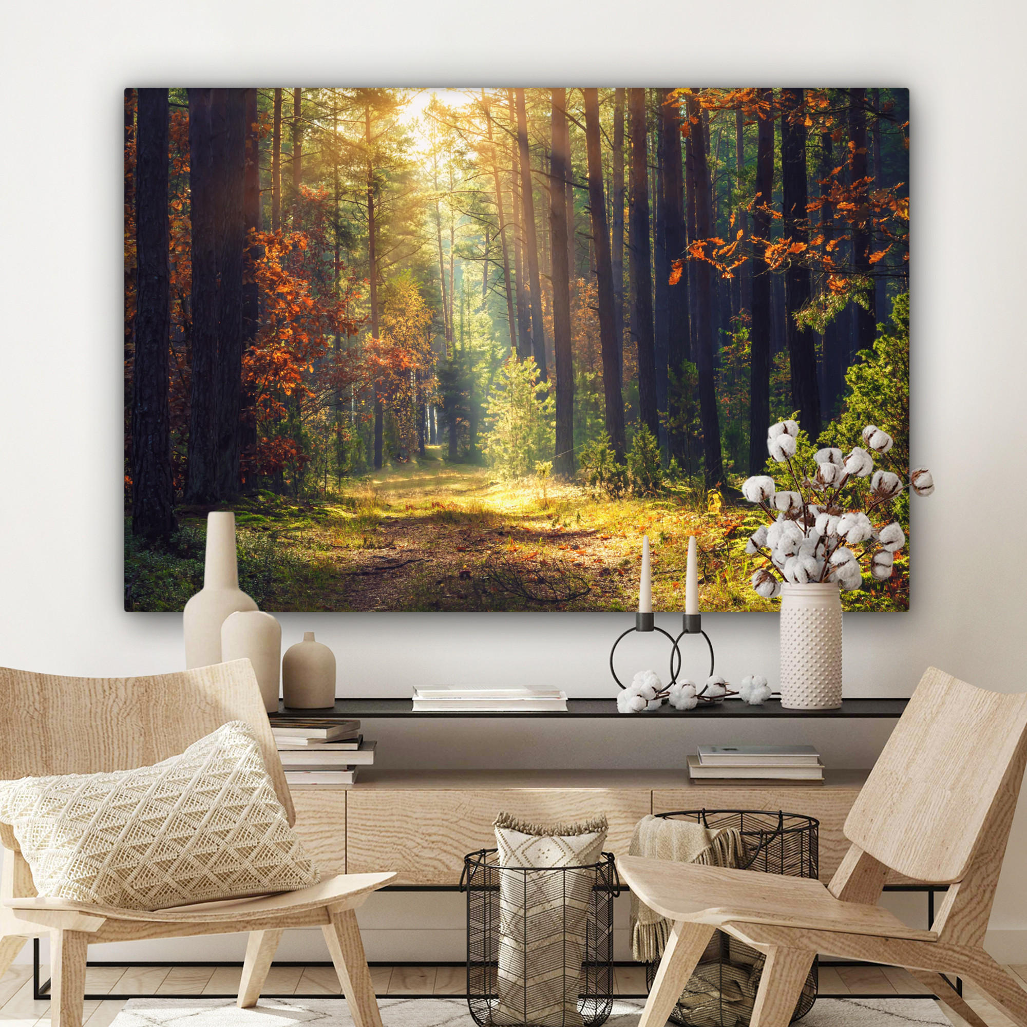 LEINWANDBILD Wald - Herbst - Bäume Groß 140x90 cm - Dunkelgrün, Textil (140/90cm) - MuchoWow