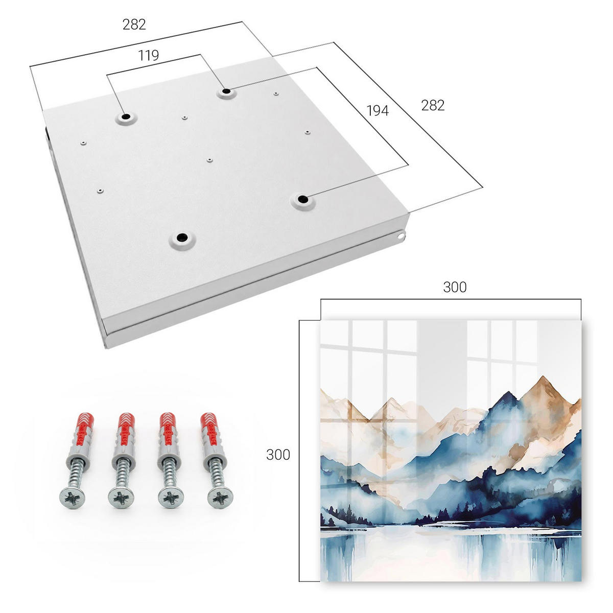 SCHLÜSSELBOX Weiß 30x30 cm – Türöffnung nach rechts - Aquarellberge - Blau, Metall (30/30/5cm) - TULUP