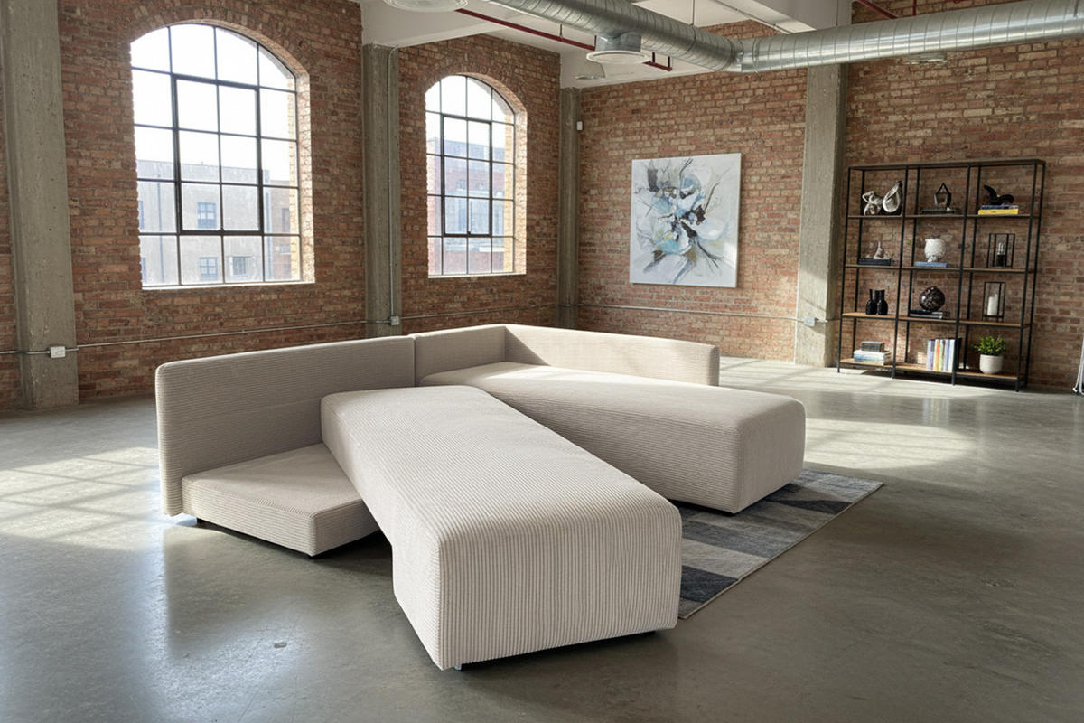 SCHLAFSOFA SADIRA Cremeweiß Cord - Creme/Schwarz, Kunststoff/Textil (288/209cm) - KAWOLA