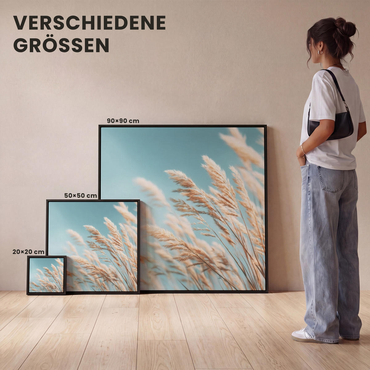 LEINWAND Bilder mit Rahmen - Ziergras - Wind - Hellbraun - 50x50 - Hellblau, Textil (50/50cm) - MuchoWow