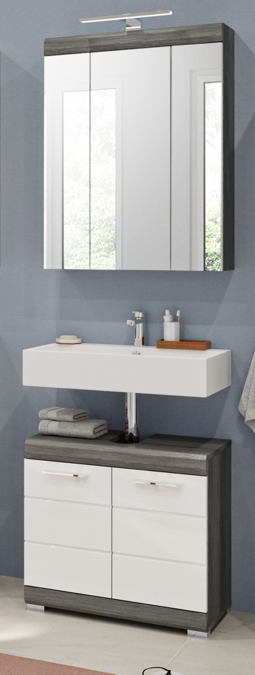 BADMÖBEL-SET weiß Hochglanz, grau 2-teilig 60 cm, Badkombination viel Stauraum - Weiß Hochglanz/Silberfarben, Glas/Holzwerkstoff (60/191/34cm) - Inn.Furn