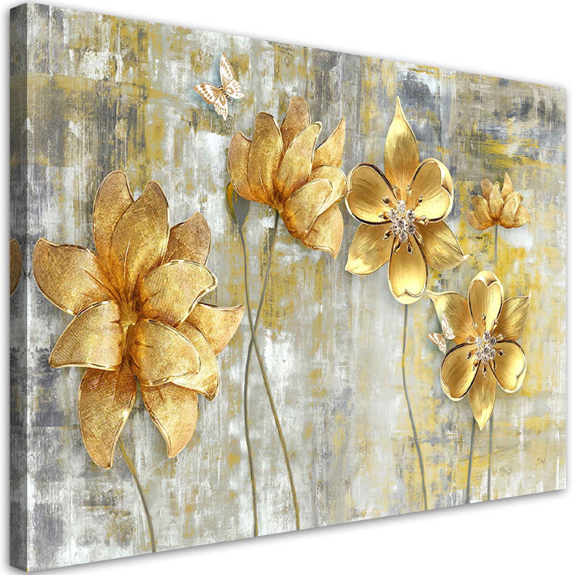 WANDBILD goldene blumen und schmetterlinge - Goldfarben, Textil (60/40cm) - Feeby