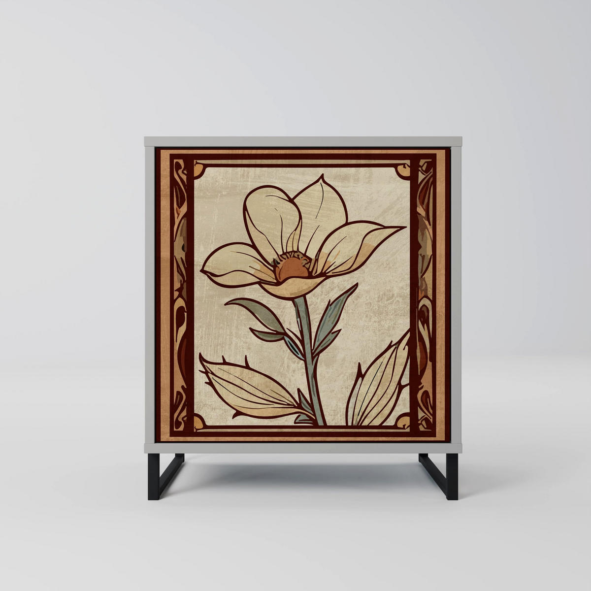 SIDEBOARD TIMELESS FLORA, Grau, 57,5x42x67,5 cm, Schwarze Metall-Rahmenfüße - Multicolor/Schwarz, Holzwerkstoff/Metall (57.5/67.5/42cm) - SpaceRebels