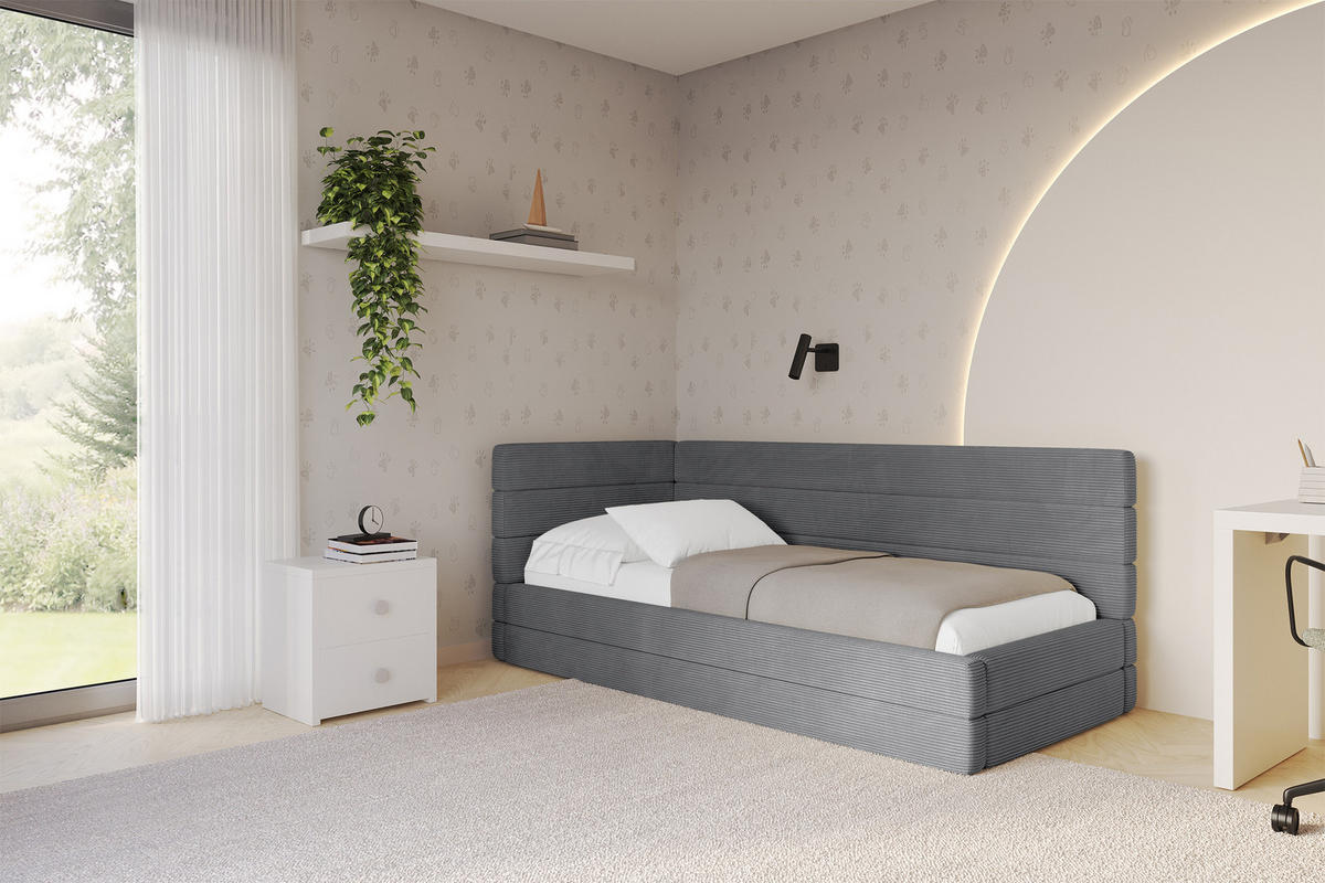 EINZELLBETT Jugendbett mit Bettkasten, Rechts - BEMY 90x200 Dunkelgrau - Schieferfarben, Holzwerkstoff/Textil (90/200cm) - ALTDECOR