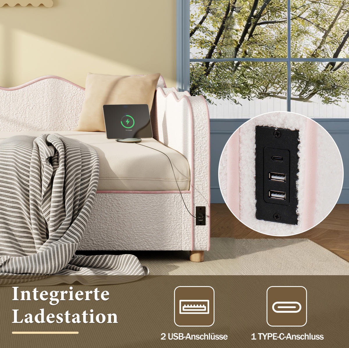 POLSTERBETT 90/200 cm aus Bouclé mit hydraulischem Stauraum und USB-Anschluss Beige - Beige, Textil (90/200cm) - Modenvie