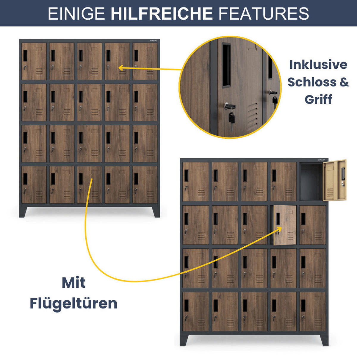 SCHLIESSFACHSCHRANK Spind TAMPA 20 Fächer172x136x45cm Anthrazit-Nussbaum - Anthrazit, Metall (136/172/45cm) - DELUKE