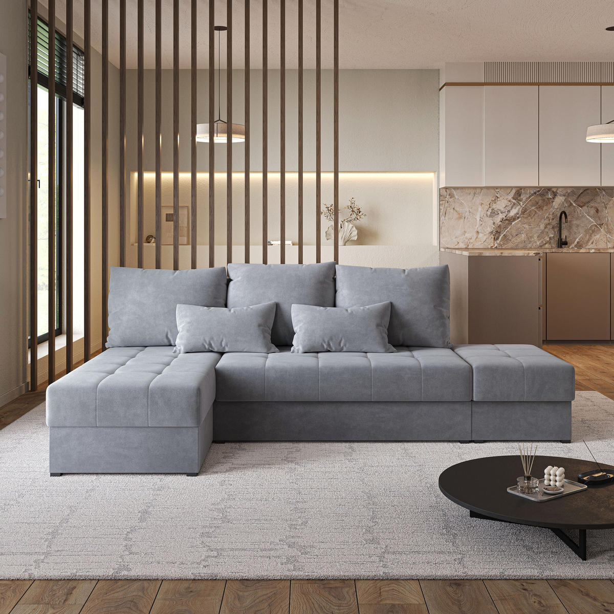 ECKSOFA NORVI Grau Plüsch-Stoff mit Schlaffunktion - Grau, Holz (251/143cm) - MASSENO