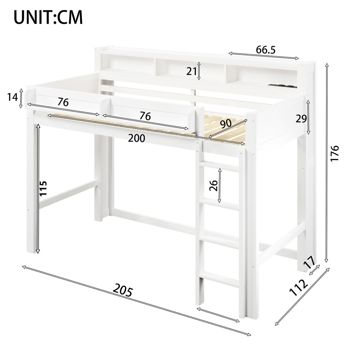 HOCHBETT 90/200 cm in Weiß aus MDF, Kiefer und Sperrholz mit Ablagefächern, LED und USB - Weiß, Holz/Holzwerkstoff (90/200cm) - WISHDOR