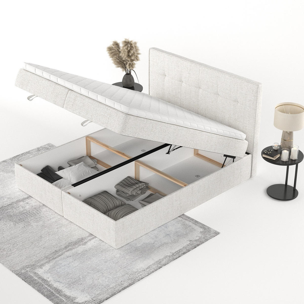 BOXBETT Tivra 200/200 cm Creme im Neve Stoff - Creme/Schwarz, Holz/Holzwerkstoff (200/200cm) - AltaBeds