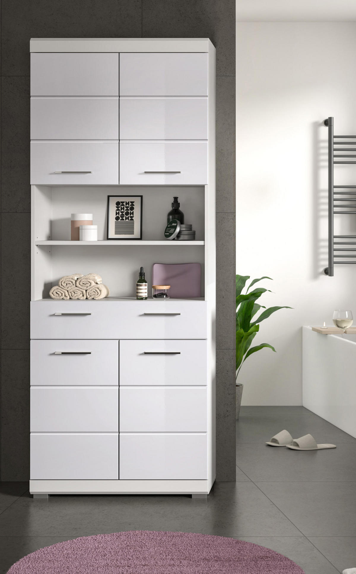 HOCHSCHRANK weiß Hochglanz 74 cm, Badschrank mit 6 Fächern - Weiß Hochglanz/Silberfarben, Holzwerkstoff/Kunststoff (74/191/31cm) - Inn.Furn