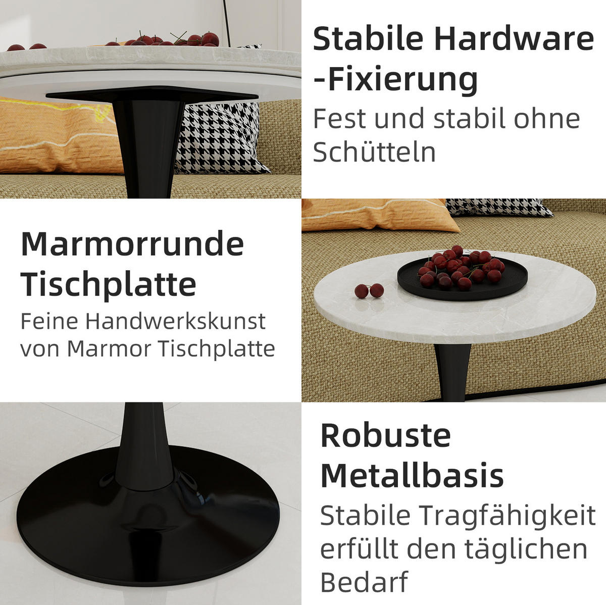 COUCHTISCH 70.1 cm schwarz/weiß aus Kunstmarmor mit runder Tischplatte - Schwarz, Stein (70/70/72cm) - OKMYHOME