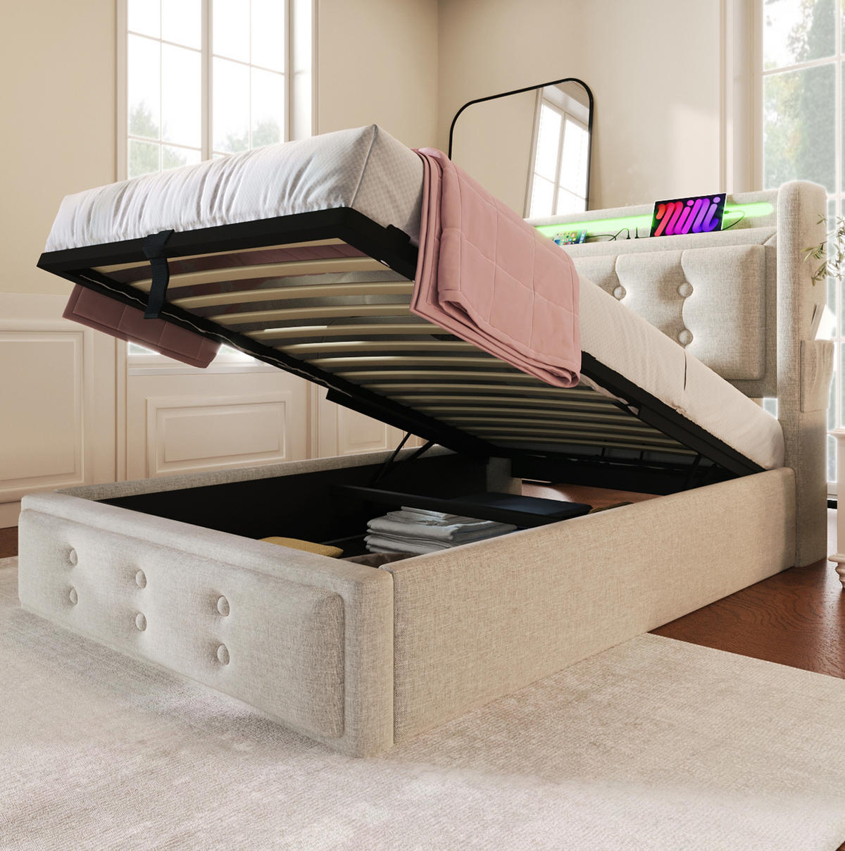 POLSTERBETT mit Bettkasten 90/200 cm in Beige mit LED, USB-C und Matratze - Beige, Textil (90/200cm) - BEAOK