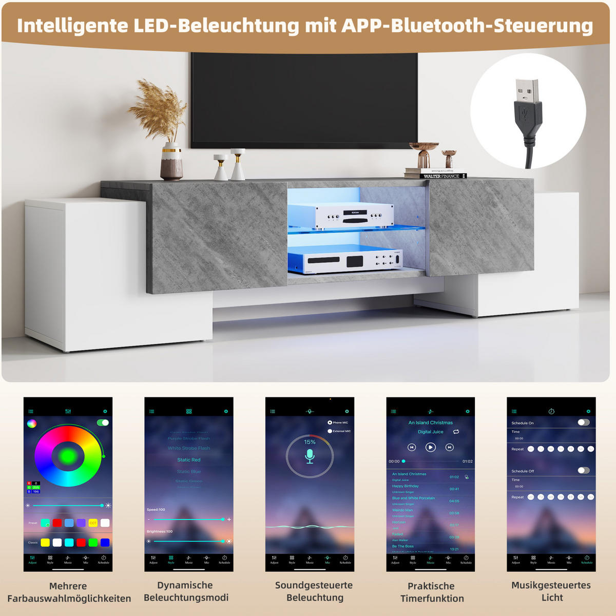 TV-LOWBOARD aus MDF 180x40x46,5 cm Weiß/Grau mit LED-Beleuchtung und 4 Schranktüren - Weiß, Holzwerkstoff (180/46.5/40cm) - IVMEU