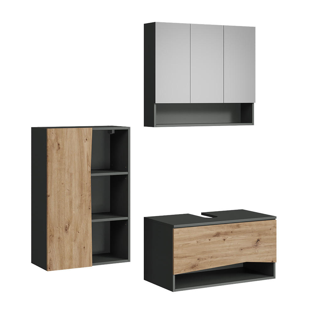 Vicco KOUPELNOVÝ NÁBYTEK Willow, Řemeslný dub/Antracit, 3dílná