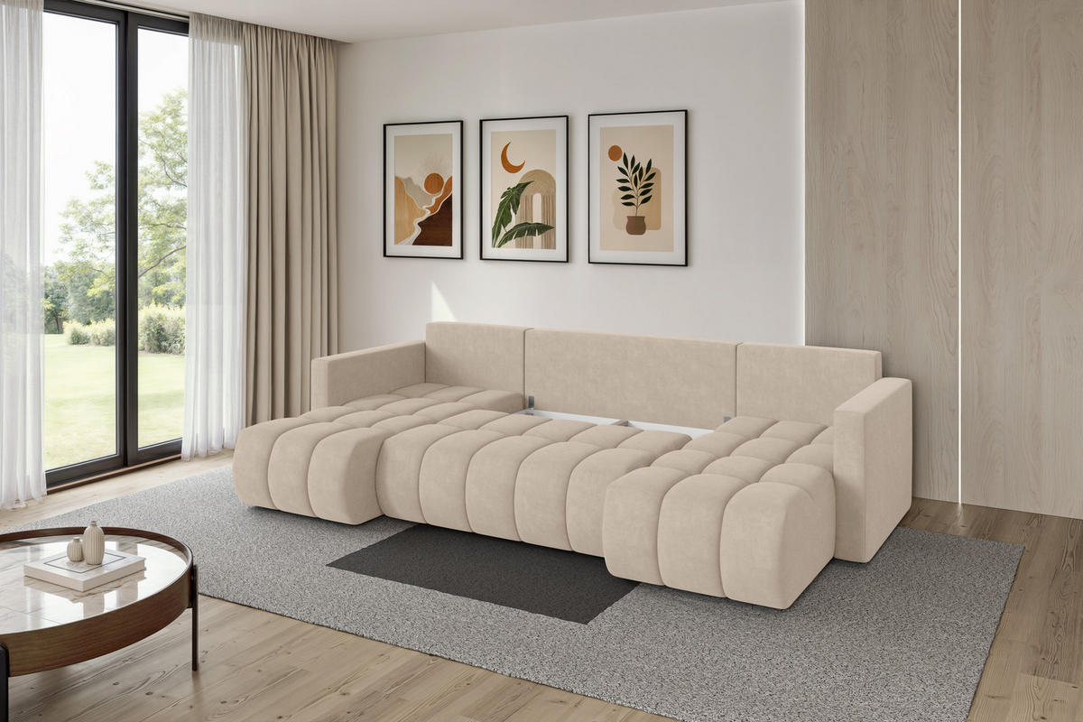 SEDACÍ SOUPRAVA DO U s funkcí spaní a úložným prostorem GARD-U 300x146x85 béžová velur - černá/Sahara, kompozitní dřevo/textil (300/85/146cm) - ALTDECOR