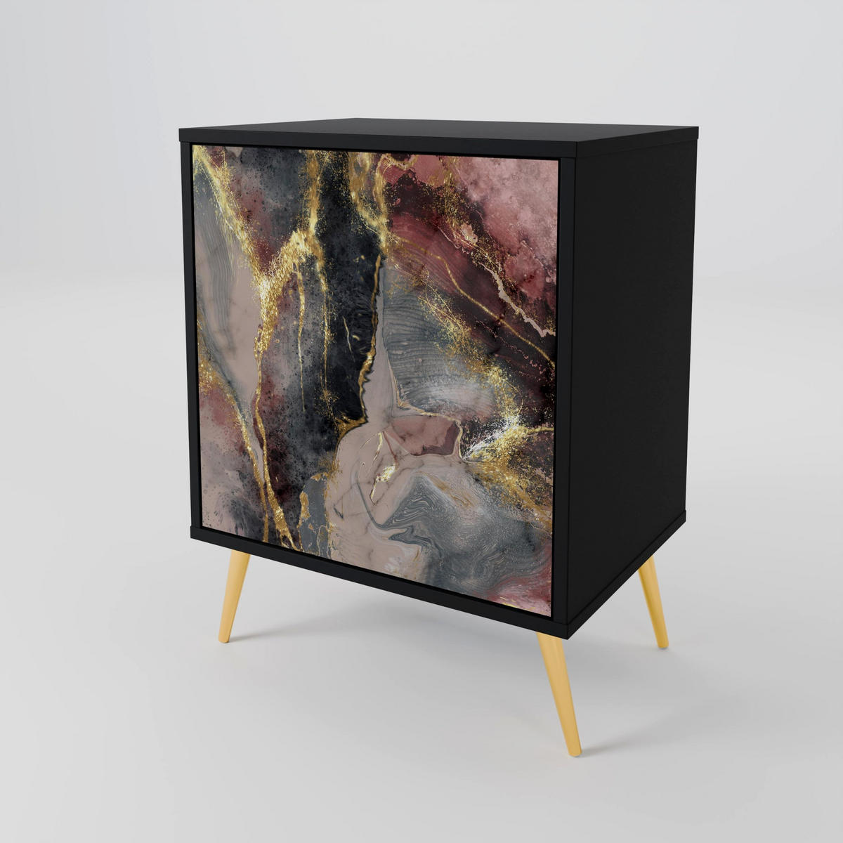 SIDEBOARD GOLDEN TIDES, Schwarz, 57,5x42x72,5 cm, Schwarze Metallfüße - Multicolor/Schwarz, Holzwerkstoff/Metall (57.5/72.5/42cm) - SpaceRebels