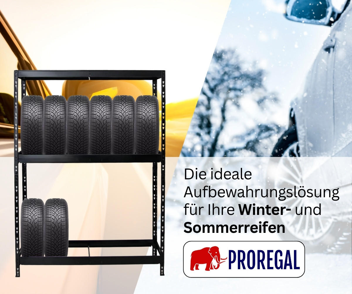 REIFENREGAL Tiger 180x130x50 cm bis zu 12 Reifen auf 2 Ebenen + Ablage Schwarz - Schwarz, Metall (130/180/50cm) - PROREGAL