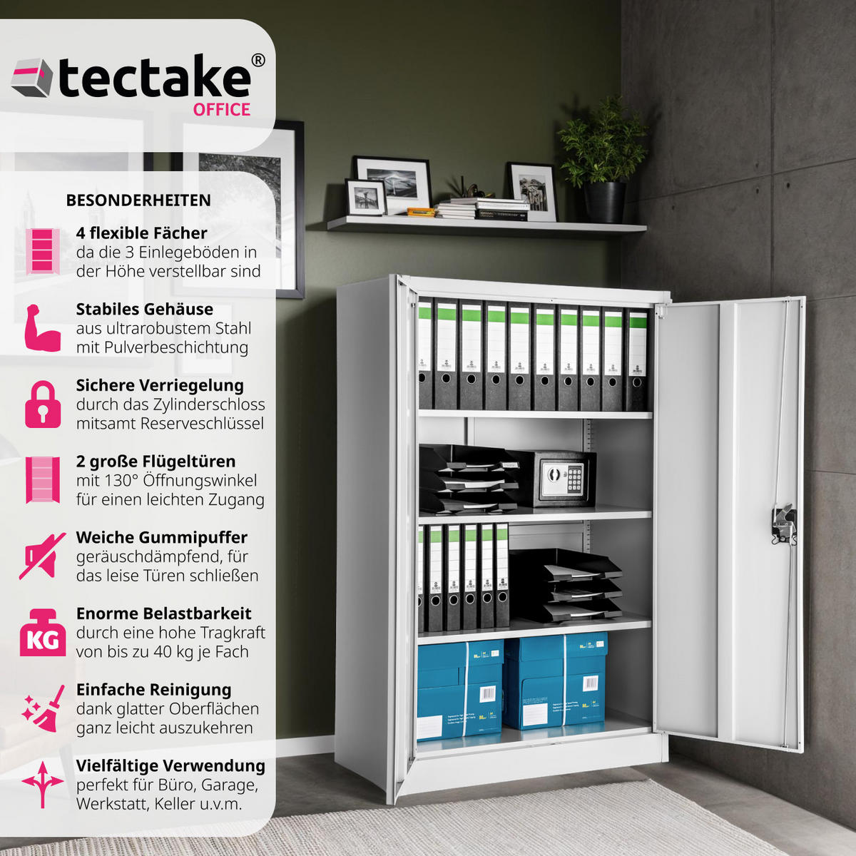 AKTENSCHRANK ,140 x 90 x 40 cm,grau - Grau, Metall (90/140/40cm) - tectake