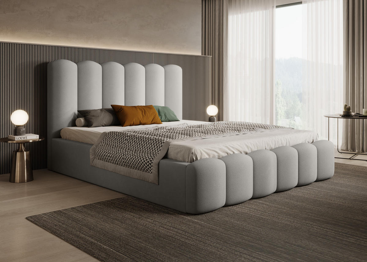 POLSTERBETT Komfortables Polsterbett Mona V 160x200 cm – Bett mit Stauraum & Halbwalzen-Design, Esche - Eschefarben/Schwarz, Holzwerkstoff/Kunststoff (160/200cm) - DomoHome