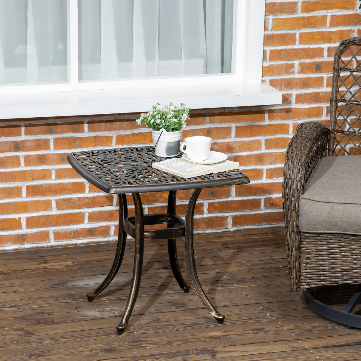 GARTENTISCH DE-07359 Vintage-Design mit Schirmloch, Aluminiumguss Bronze - Bronzefarben, Metall (54/54/52.5cm) - ComfortXL