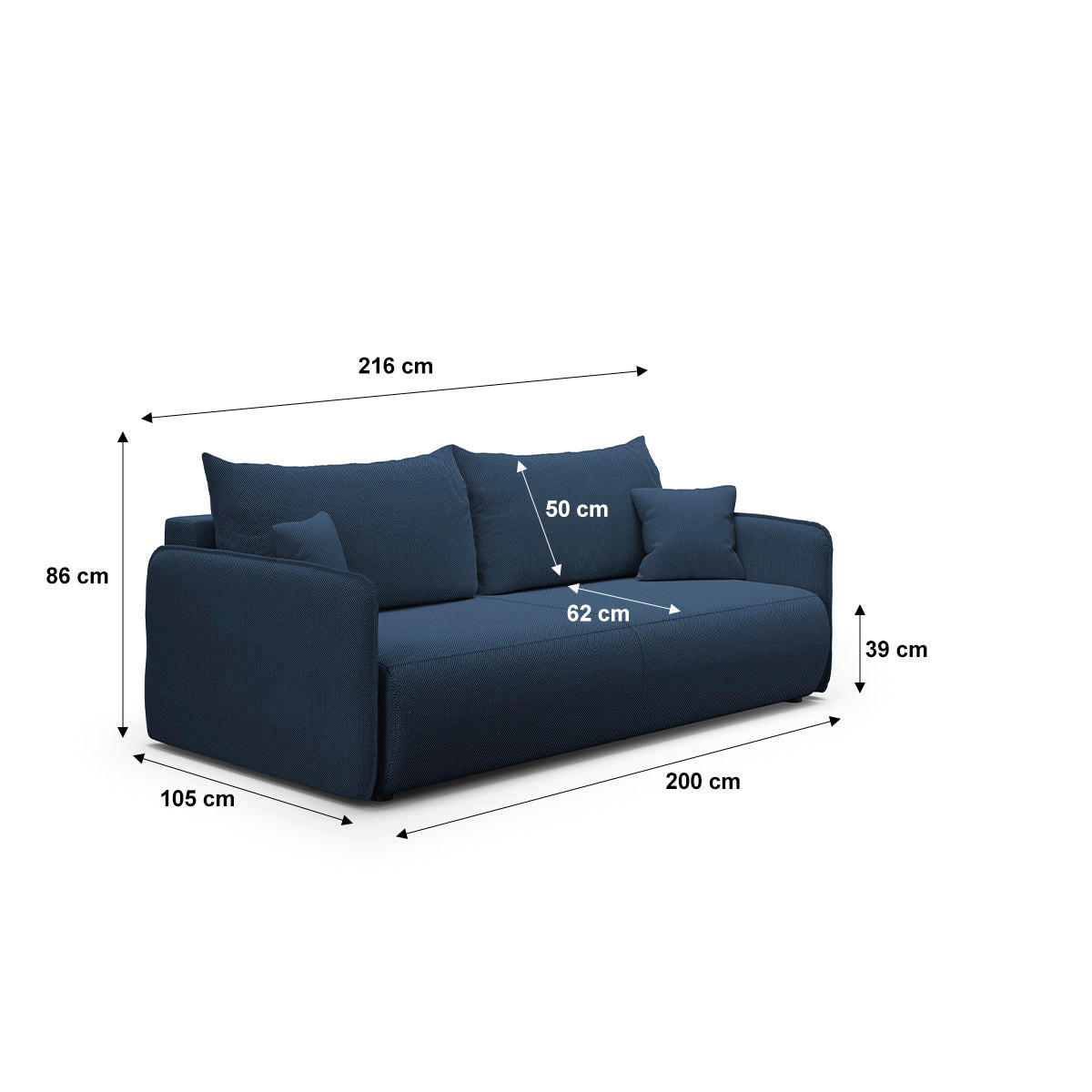 POHOVKA Claudio 3MÍSTNÁ Tmavě modrá - modrá, dřevo (216/86/105cm) - Petits-meubles