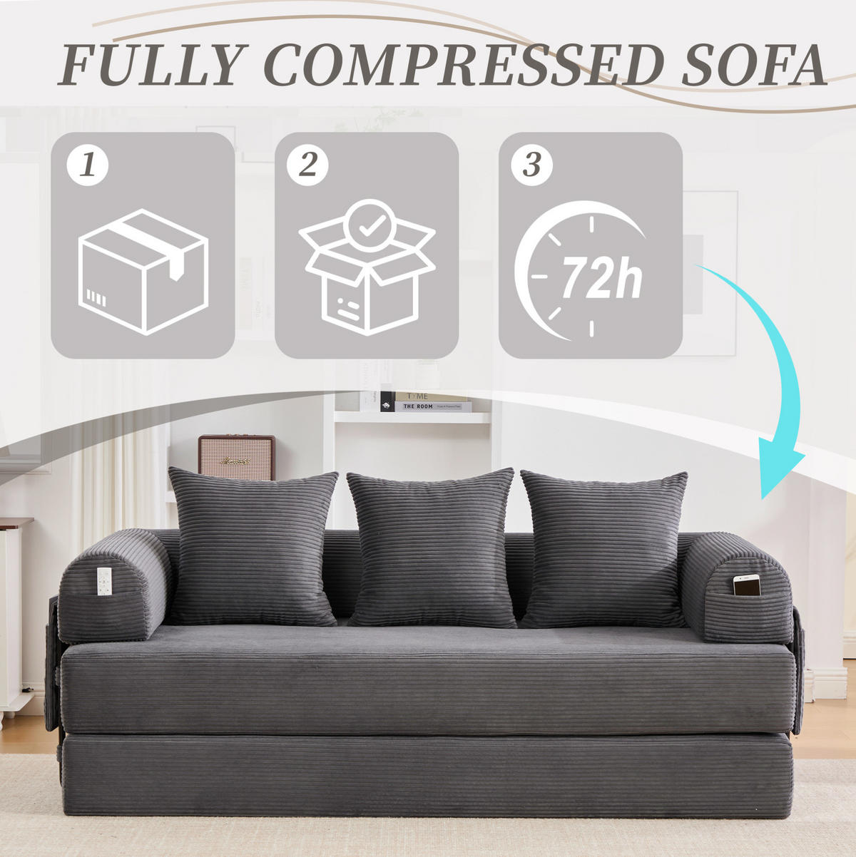 SOFA 200/94/67 cm in Dunkelgrau aus Cord mit modularer Gestaltung und Seitentasche - Dunkelgrau, Textil (94/67/200cm) - Flora Grace