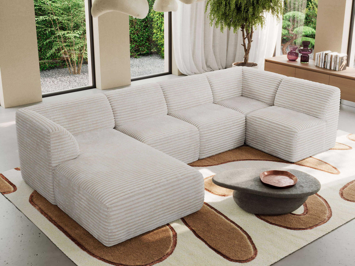 WOHNLANDSCHAFT MODARO U 6M - Beige Cord - Links - Beige/Schwarz, Textil (180/78/345cm) - MKS