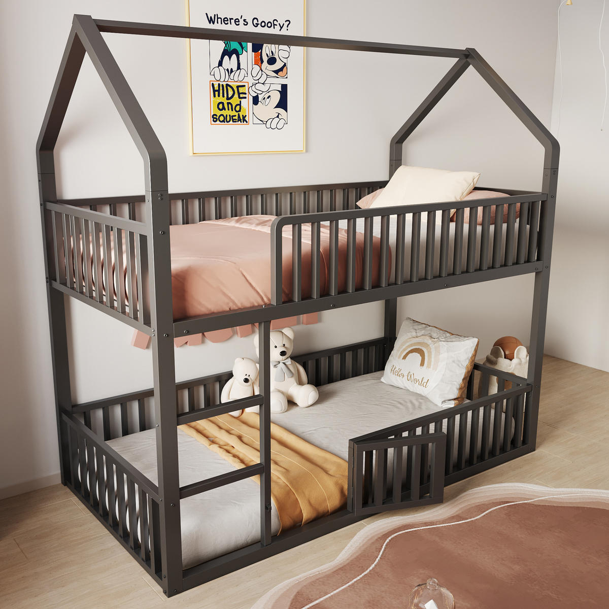 ETAGENBETT 90/200 cm in Schwarz mit Leiter und Tür aus Metall - Schwarz, Metall (90/200cm) - CHICFURN