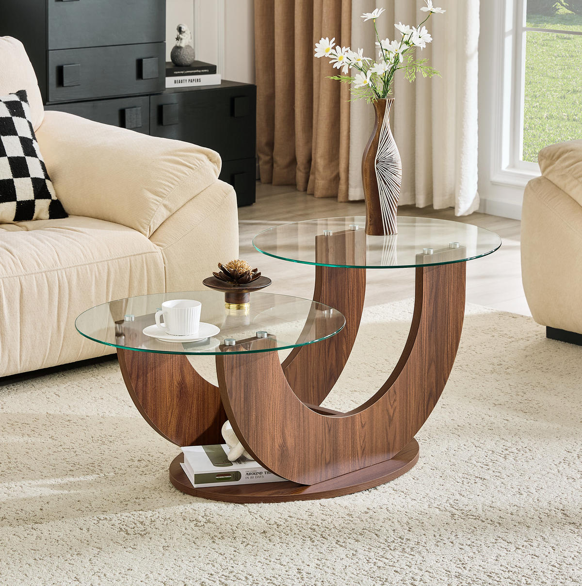 RUNDER Couchtisch 80,8/66,8/49,8 cm mit 2 Glasplatten und offenem Stauraum, Transparent/Walnuss - Transparent, Holzwerkstoff (80.8/66.8/49.8cm) - Redom