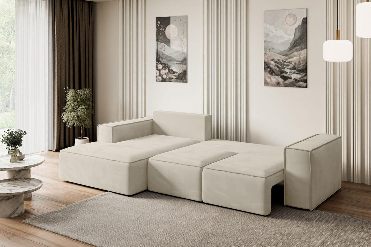ECKSOFA mit Schlaffunktion und Bettkasten SERRA-L-S - 266x161x87 cm Beige Velours - Beige/Schwarz, Holzwerkstoff/Kunststoff (266/161cm) - ALTDECOR