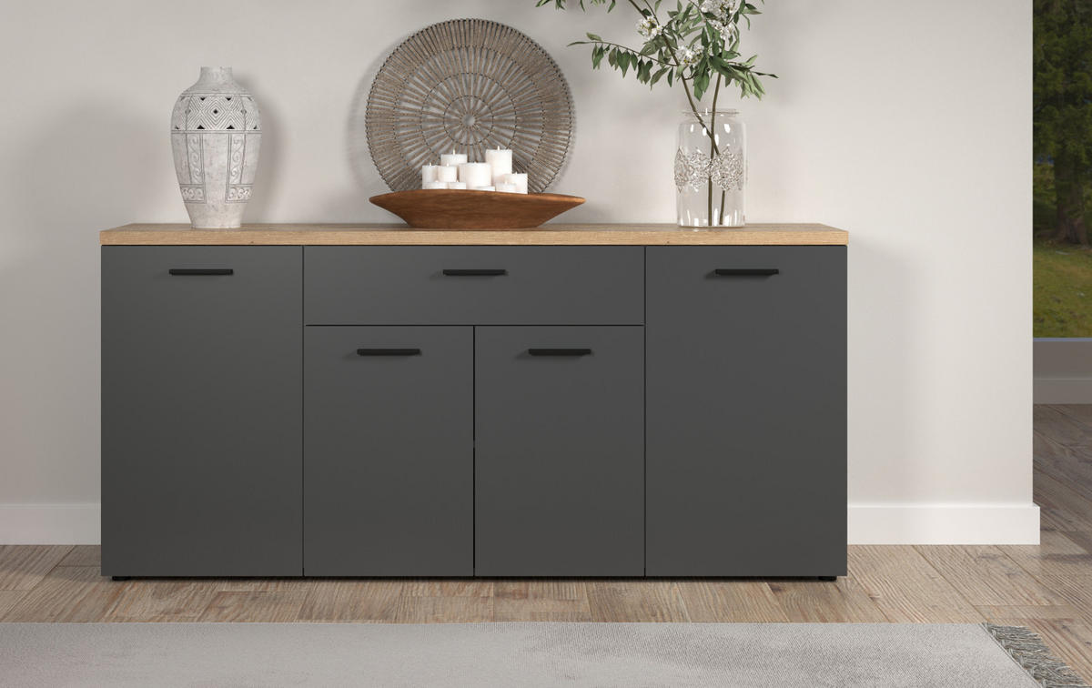SIDEBOARD grau, Evoke Eiche 180 cm 4-türig, TV Unterteil in modernem Design - Eichefarben/Anthrazit, Holzwerkstoff/Kunststoff (180/85/42cm) - Top.Furn